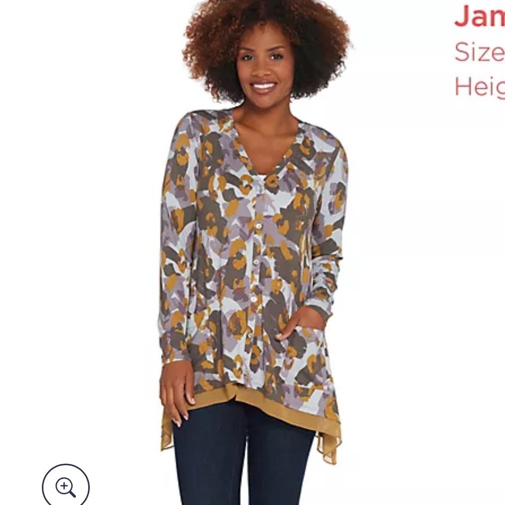 LOGO‎ by Lori Goldstein Button Front Knit Cardigan.Chiffon Mustard Trim L (908) - Picture 2 of 16